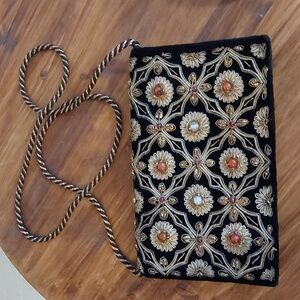 Vintage Black Velvet embroidered Gem BEADED Clutch Strap GORGEOUS! 1930 rare